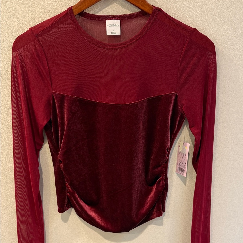 Wild Fable Burgundy Velvet Mesh Top